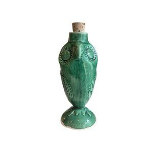 Vintage Green Glazed Ceramic Owl Bottle Decanter W/ Cork Bottle Stamped